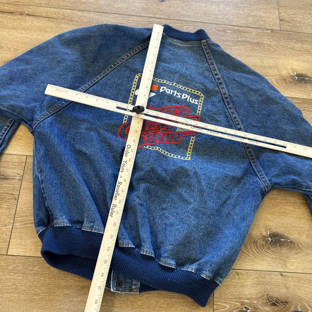 Vintage Denim Bomber Jacket Mens M Super Chevy Parts Plus BFGoodrich Car Show - Picture 4 of 9